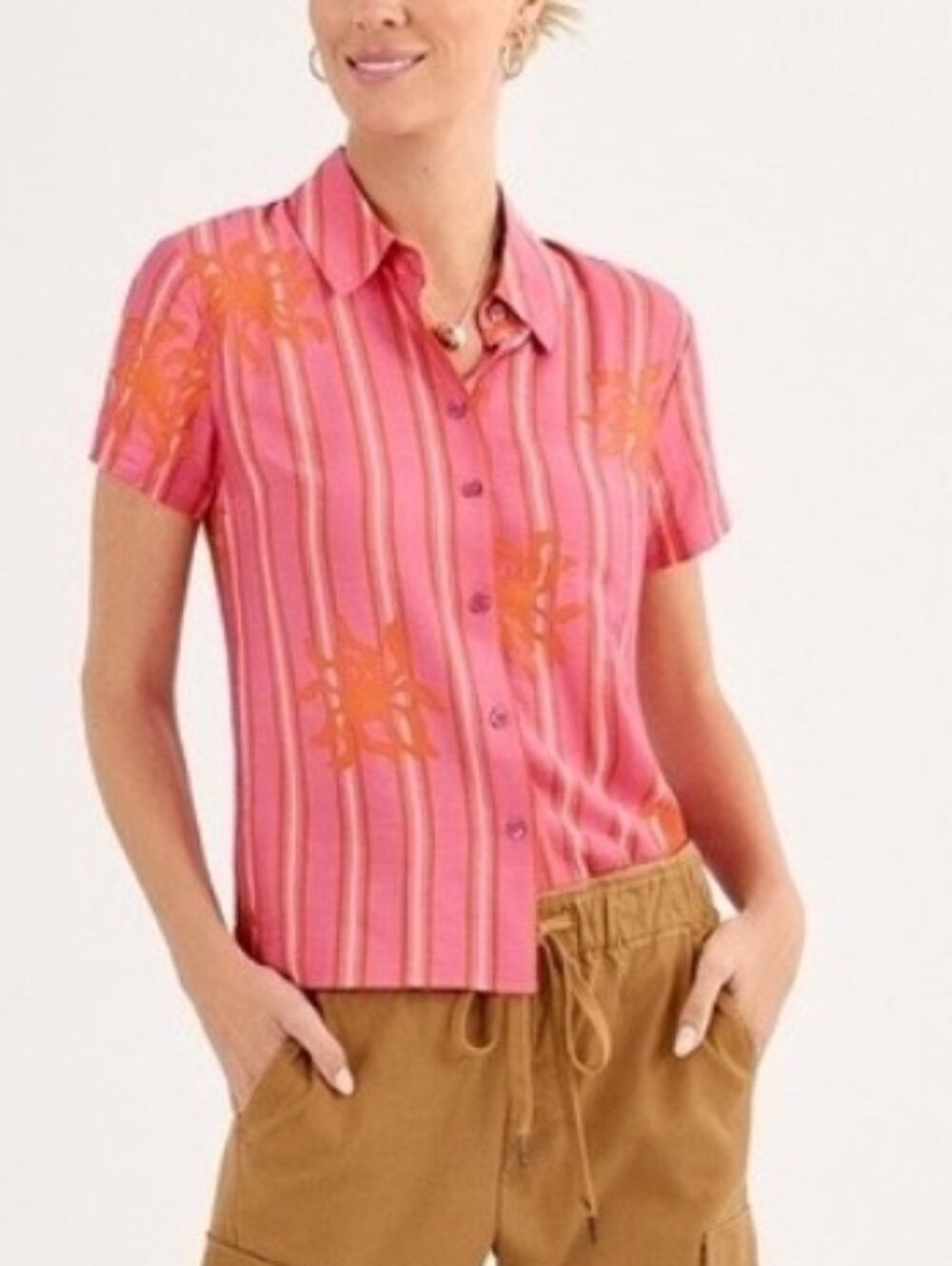 Cabi Sunny Day Striped Pink Orange Rayon Blend Shirt Sz Small